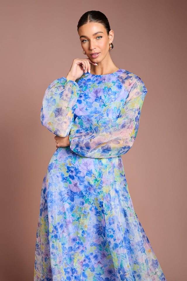 Coast Coast Women's Organza Wrap Waist Puff Sleeve Midi Dress in Blue - 2