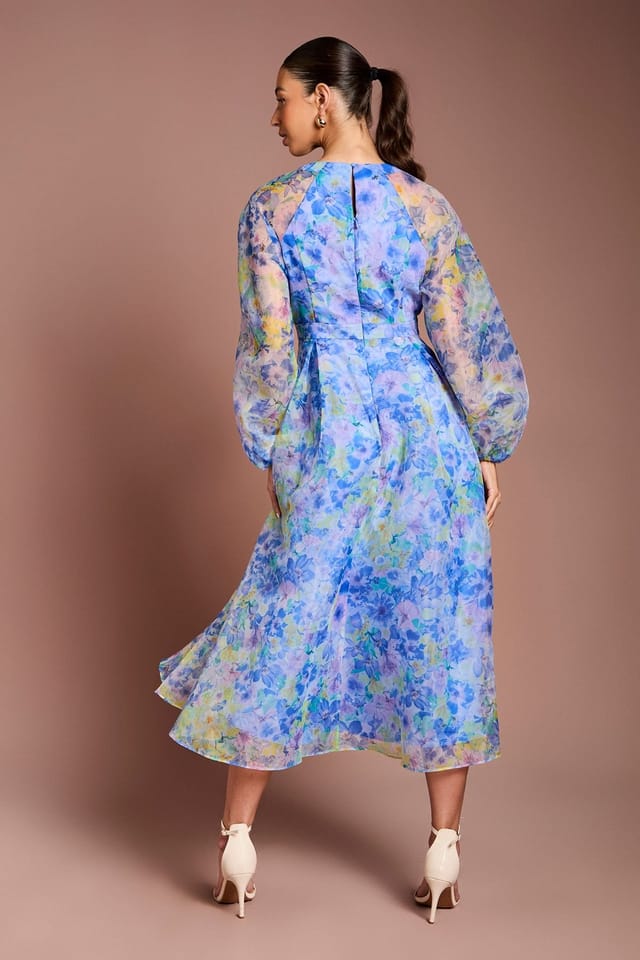 Coast Coast Women's Organza Wrap Waist Puff Sleeve Midi Dress in Blue - 3