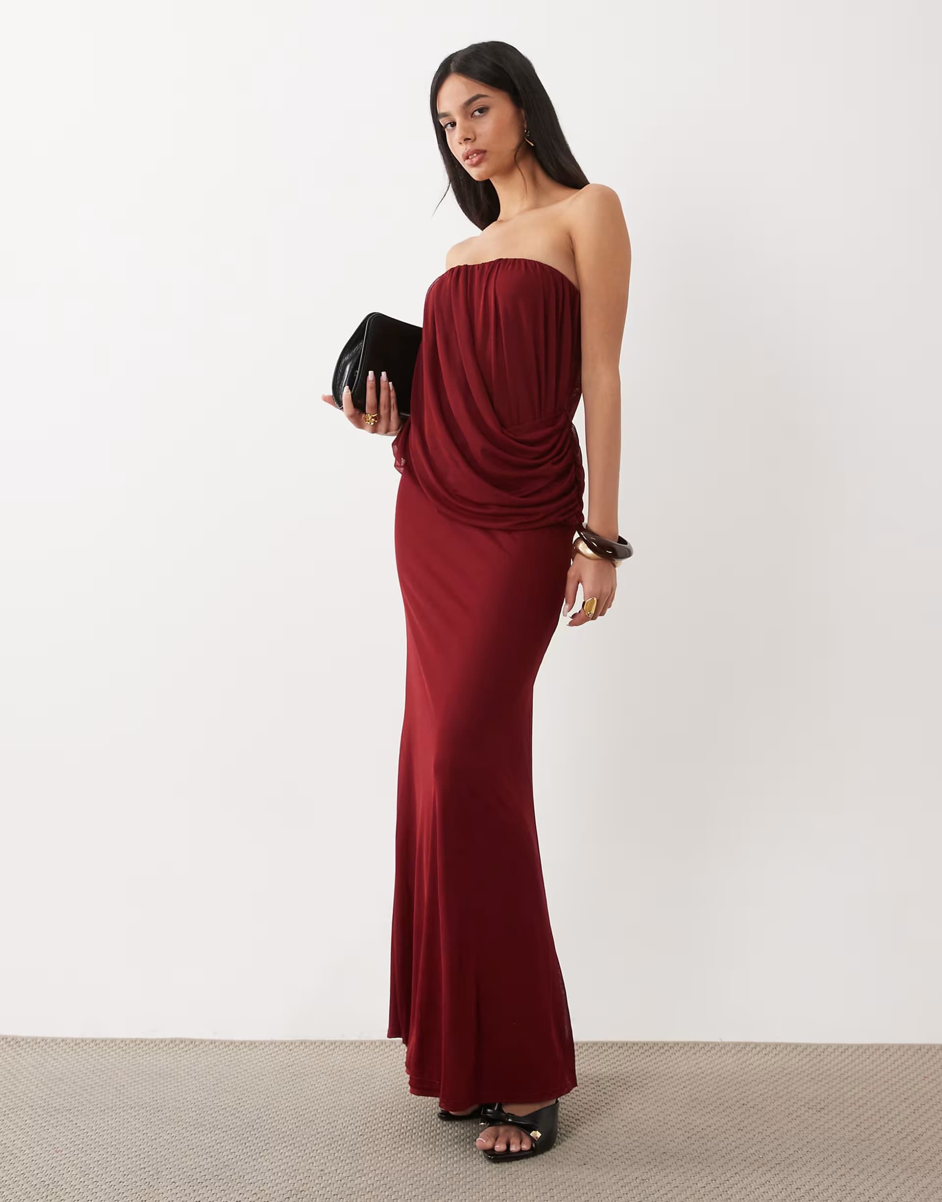 ASOS ASOS DESIGN mesh drape bandeau maxi dress in wine