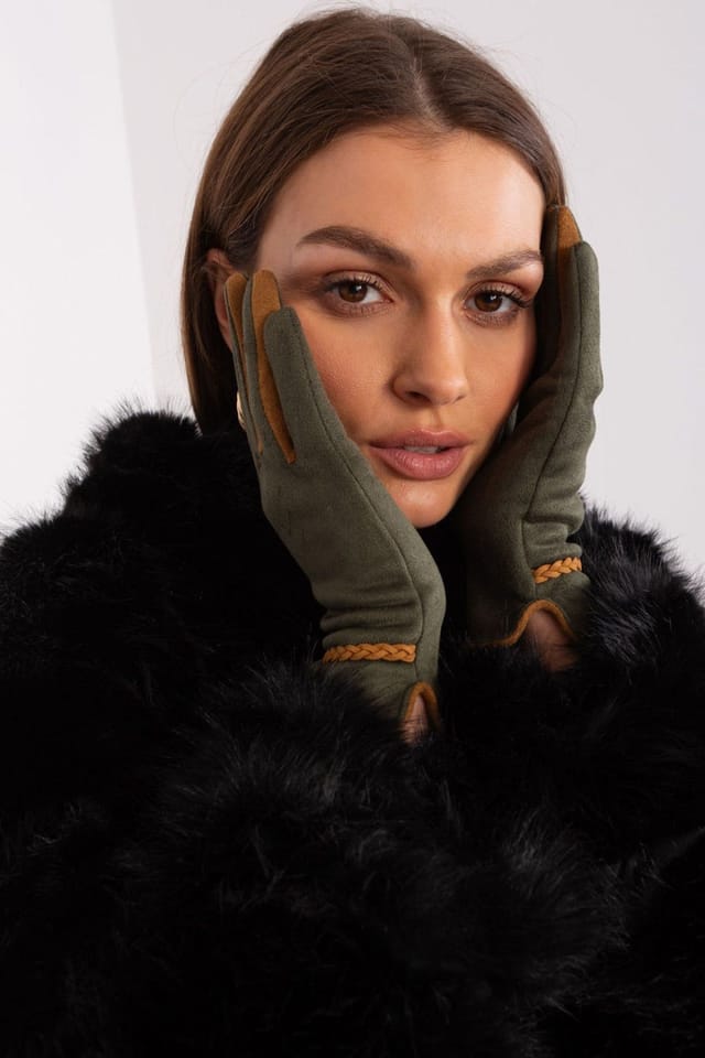 Love Lace Love Lace Women's Touchscreen Gloves Contrasting Finger Inserts Braided Wrist Straps in Green - 2