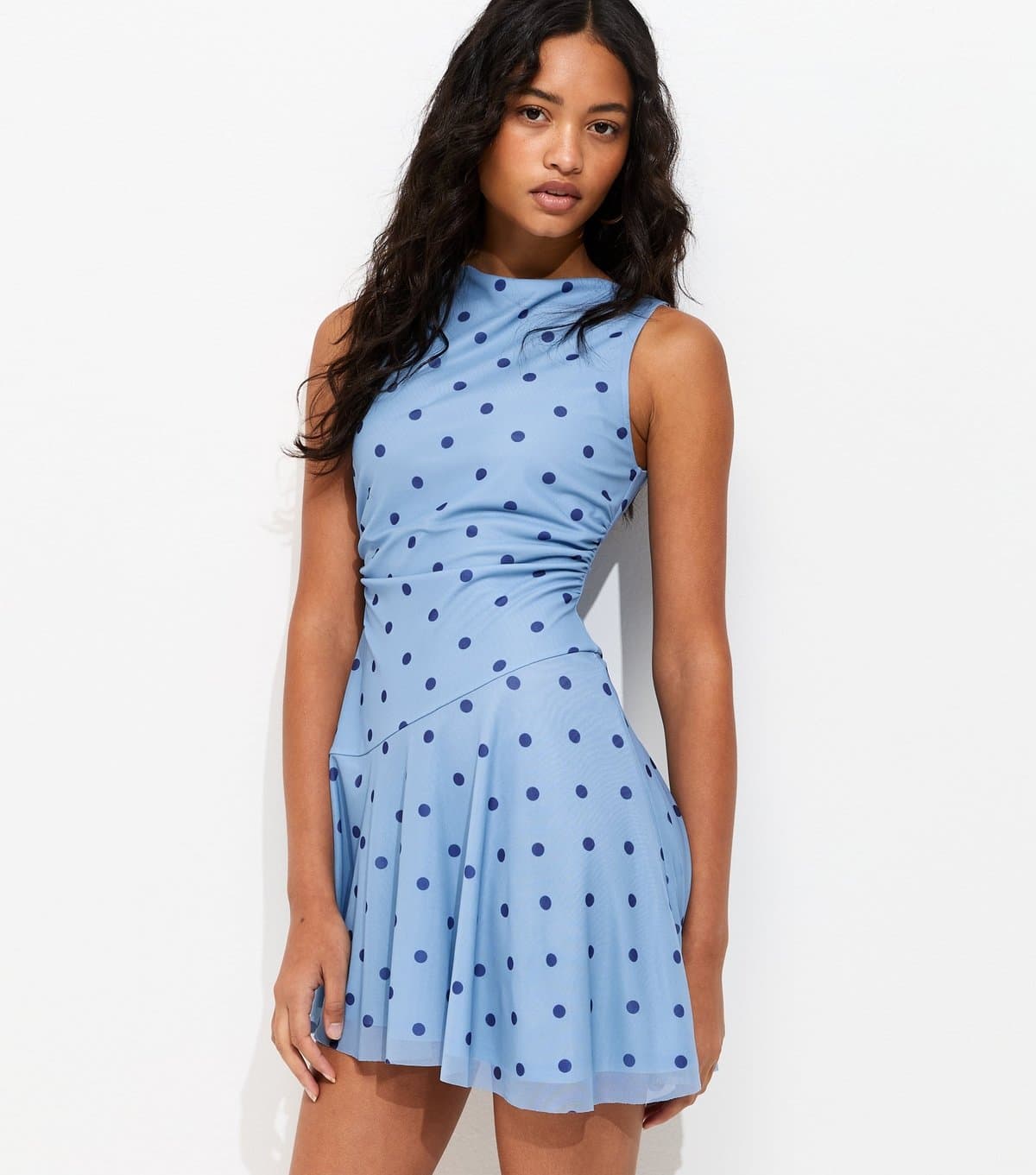 New Look Women's Blue Mesh Polka Dot Skater Mini Dress New Look