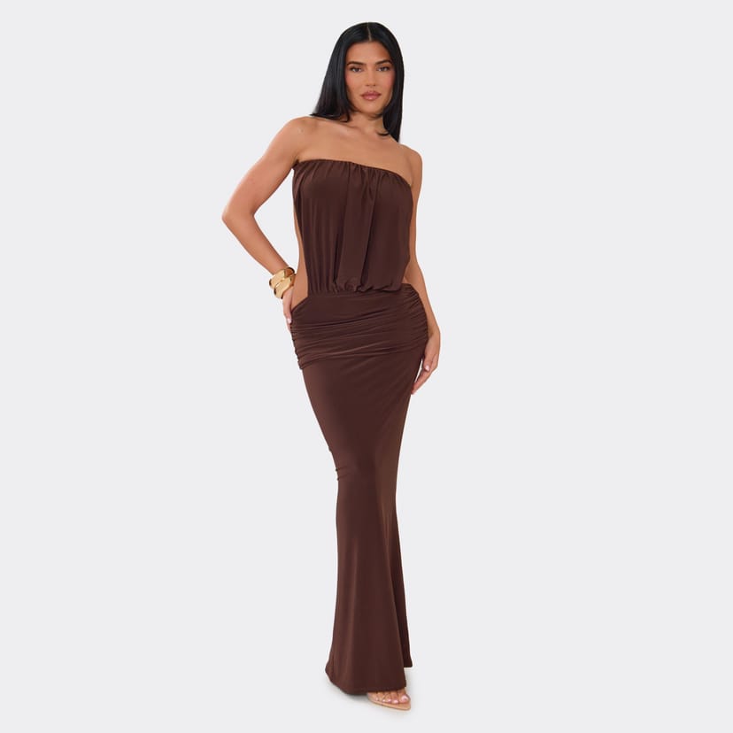 EGO Bandeau Open Tie Back Ruched Maxi Dress In Chocolate Brown, Women's Size UK 6 - 1