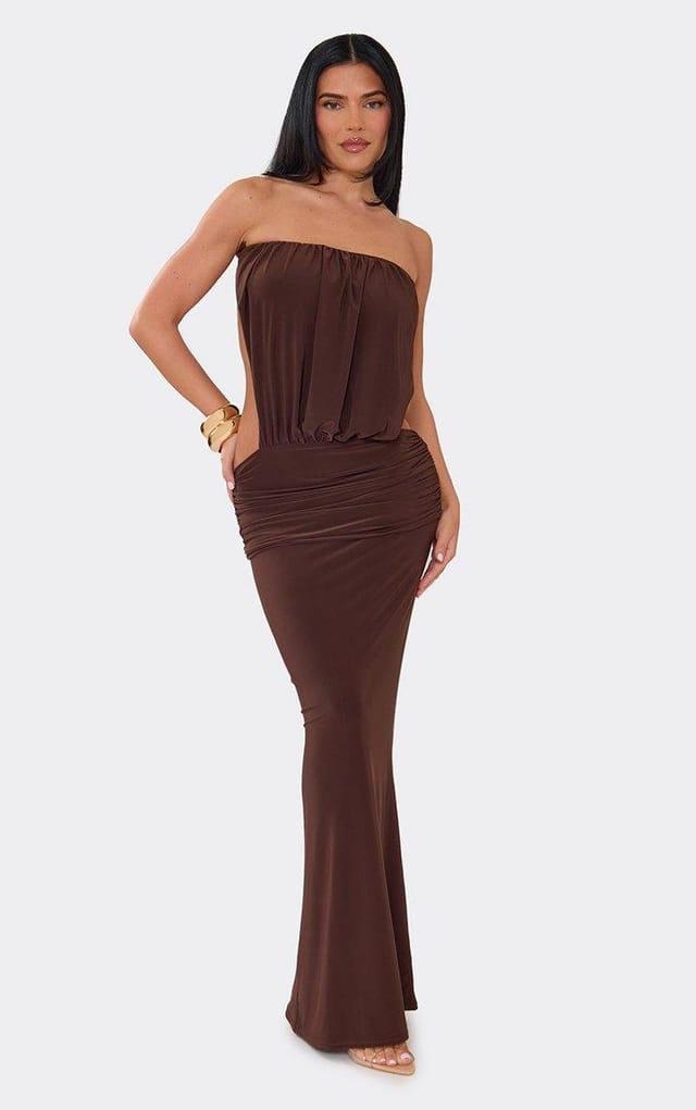 EGO Bandeau Open Tie Back Ruched Maxi Dress In Chocolate Brown, Women's Size UK 6 - 2