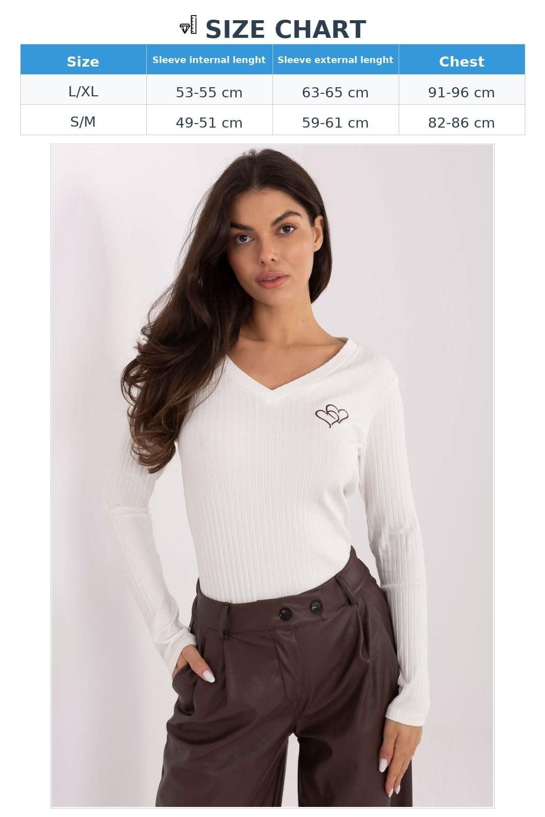 Love Lace Love Lace Women's Ribbed Cotton V Neck Blouse with Heart Stitch in White - 4