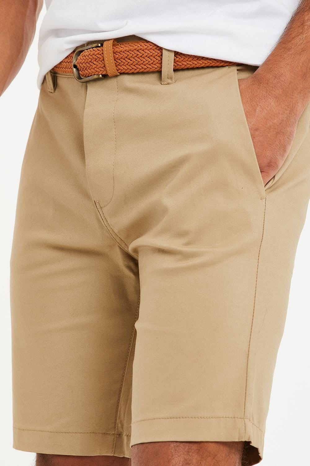 Threadbare Threadbare Men's 'Conta' Cotton Turn-Up Chino Shorts with Woven Belt in Stone - 4