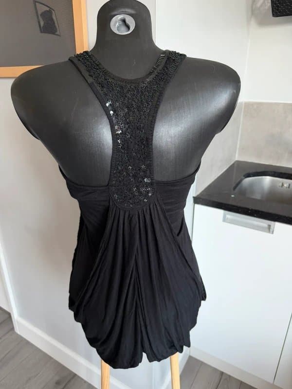 Bershka Bershka Vintage Y2K Black Sequin Embellished Mini Dress Racerback Ruched Fit Size M