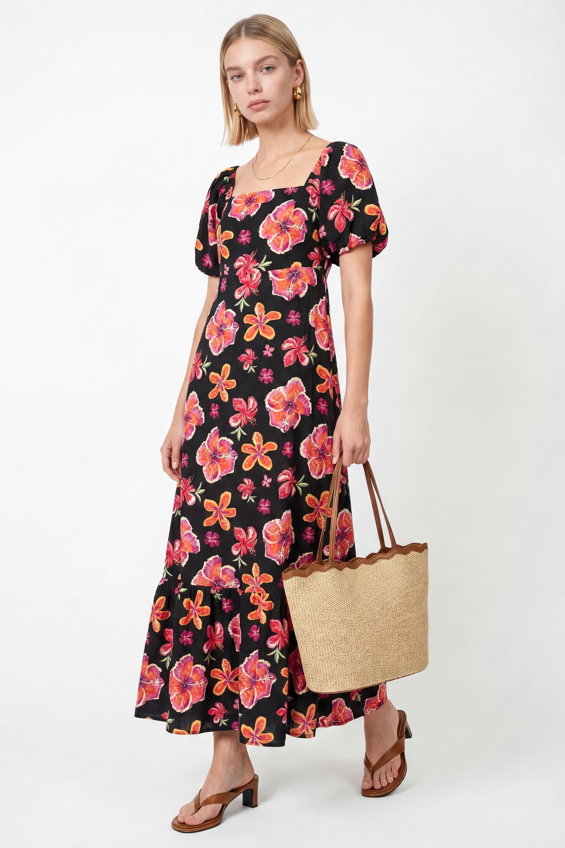 Lovedrobe Lovedrobe Women's Floral Print Square Neck Short Sleeve Maxi Dress