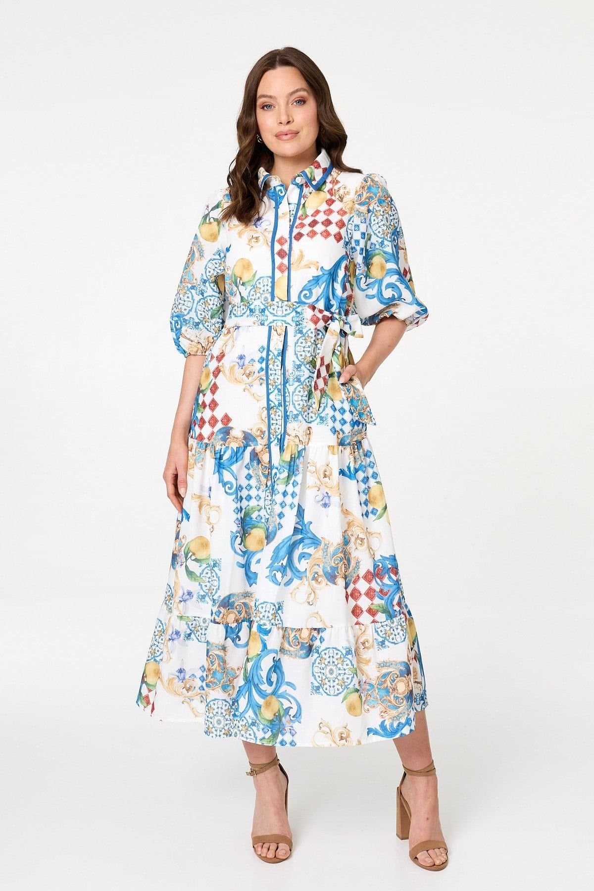 Izabel London Izabel London Women's Printed 1/2 Puff Sleeve Shirt Midi Dress in White