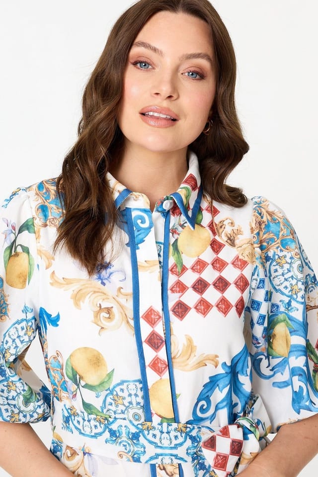 Izabel London Izabel London Women's Printed 1/2 Puff Sleeve Shirt Midi Dress in White - 2