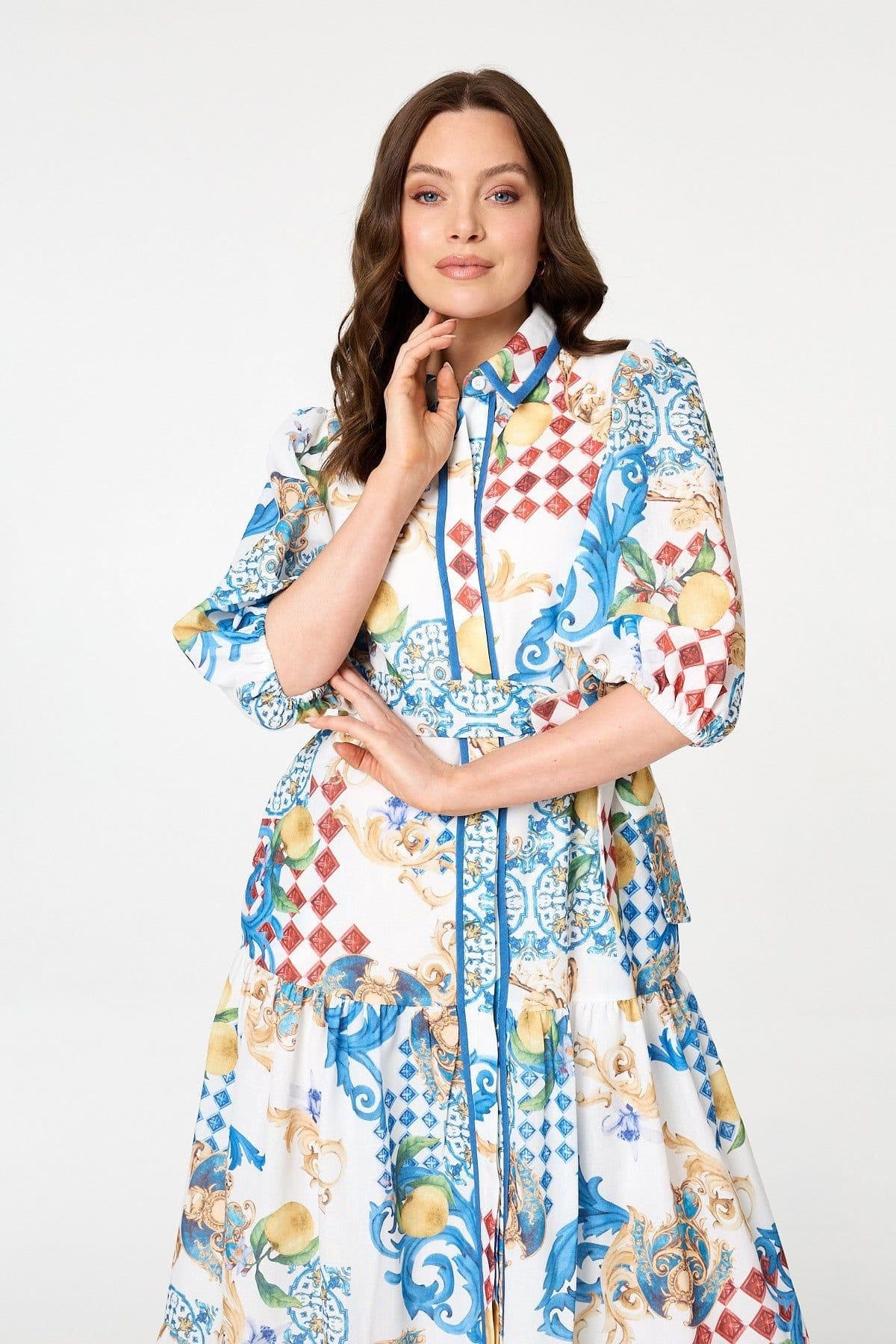 Izabel London Izabel London Women's Printed 1/2 Puff Sleeve Shirt Midi Dress in White - 4