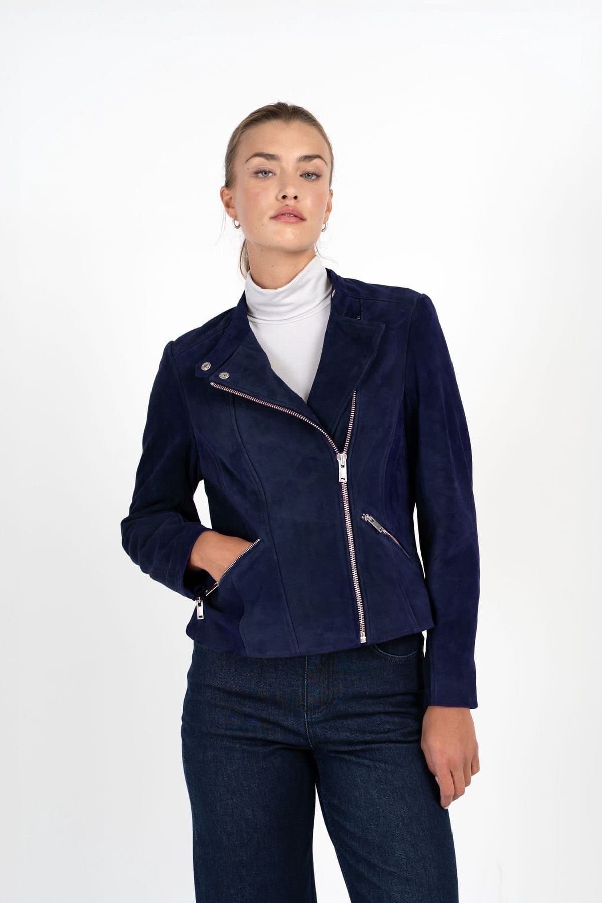 Kettlewell Kettlewell Women's Hudson Suede Biker Jacket in Dark Navy