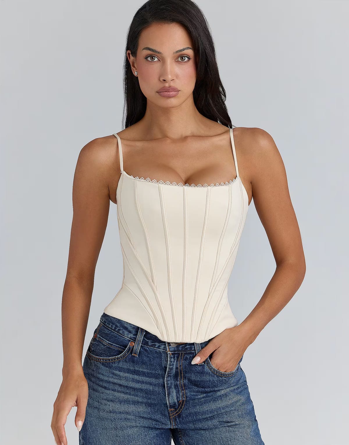 ASOS House of CB Cadie cream satin corset top in cream - 1