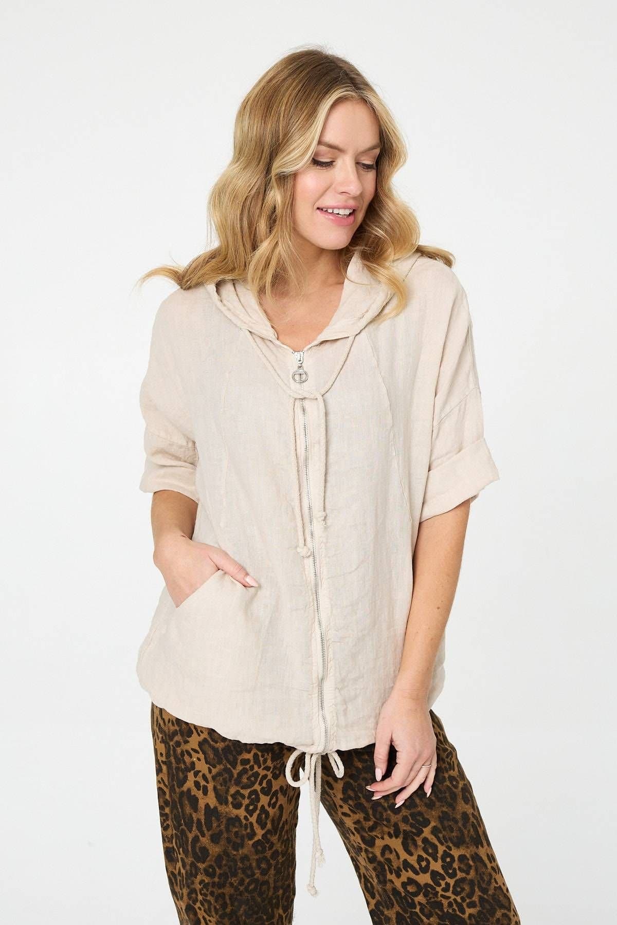 Izabel London Izabel London Women's Zip Front Drawstring Hooded Parka Jacket in Beige