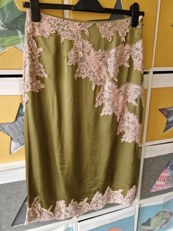 Never Fully Dressed Olive and Pink Lace Midi Skirt
