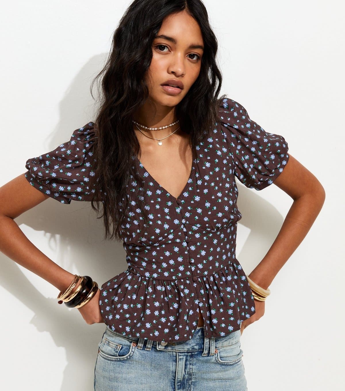 New Look Women's Brown Floral Puff Sleeve Tea Blouse New Look