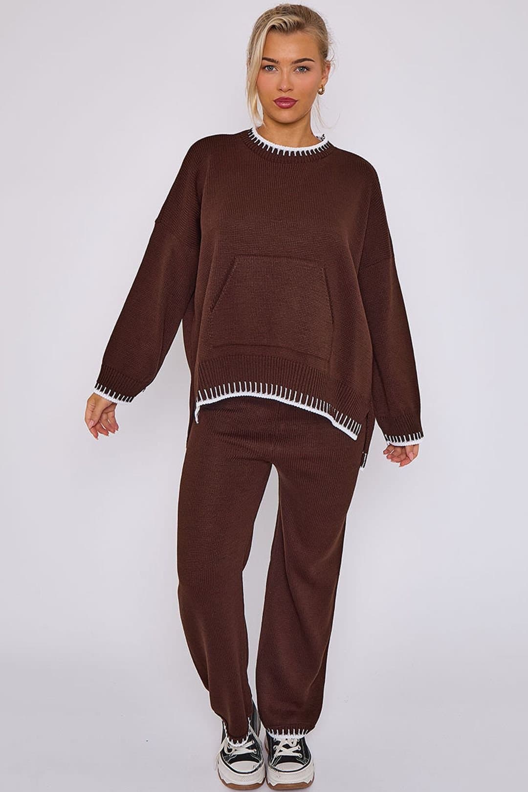 STYLEWISE STYLEWISE Women's Stitch Detail Knitted Oversized Co-ord Set in Chocolate