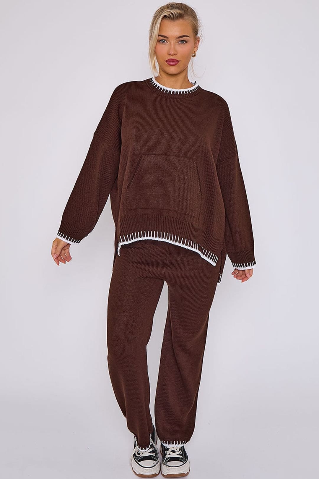 STYLEWISE Women's Stitch Detail Knitted Oversized Co-ord Set in Chocolate
