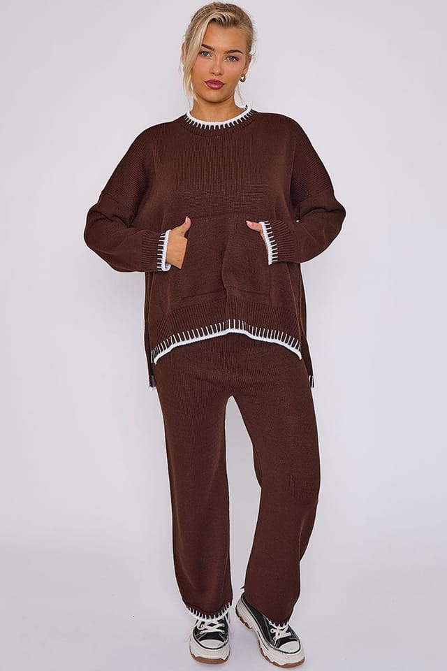 STYLEWISE STYLEWISE Women's Stitch Detail Knitted Oversized Co-ord Set in Chocolate - 2