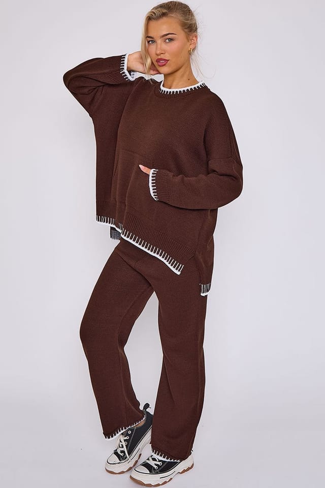 STYLEWISE STYLEWISE Women's Stitch Detail Knitted Oversized Co-ord Set in Chocolate - 3