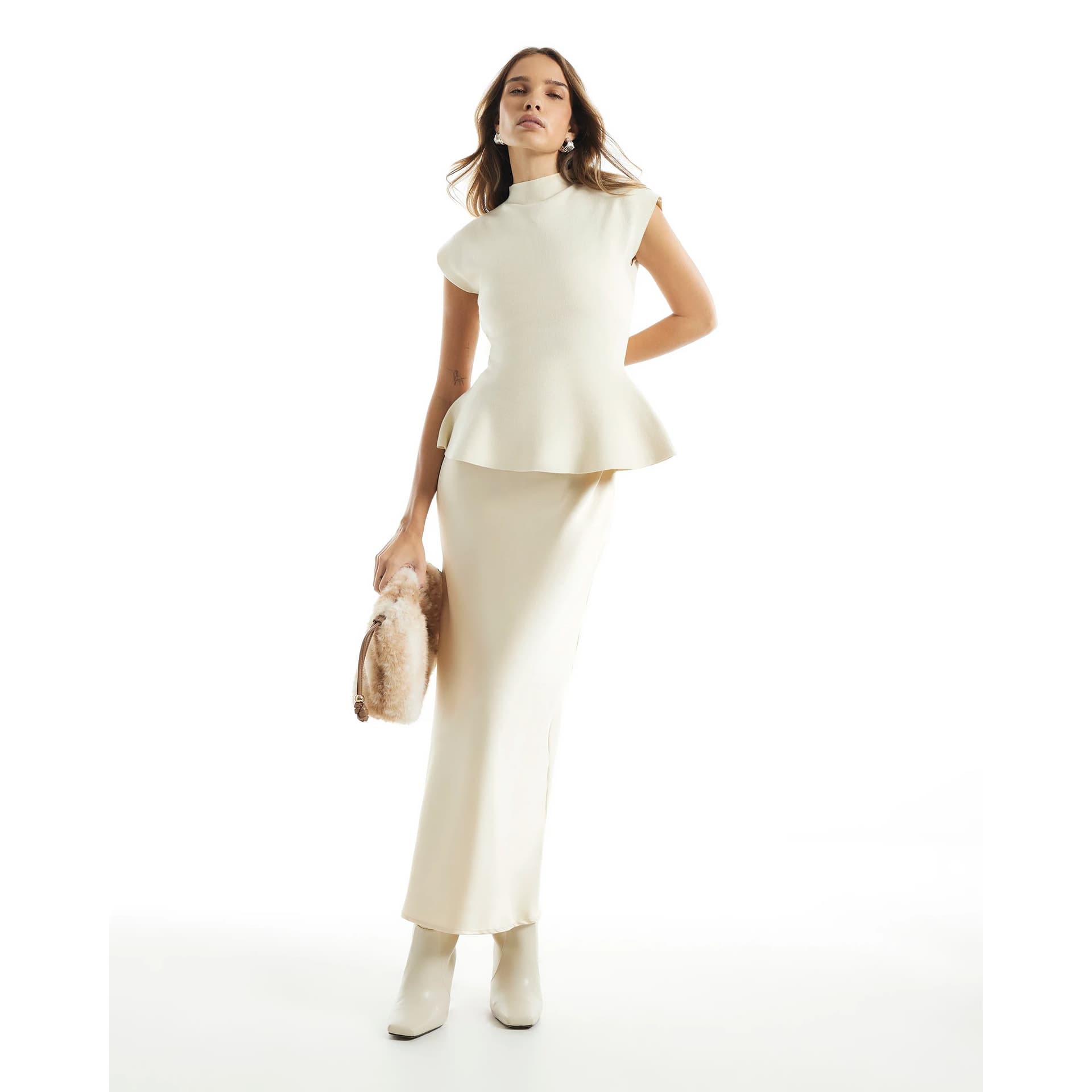River Island River Island Womens Cream Hybrid Satin Knit Peplum Maxi Dress