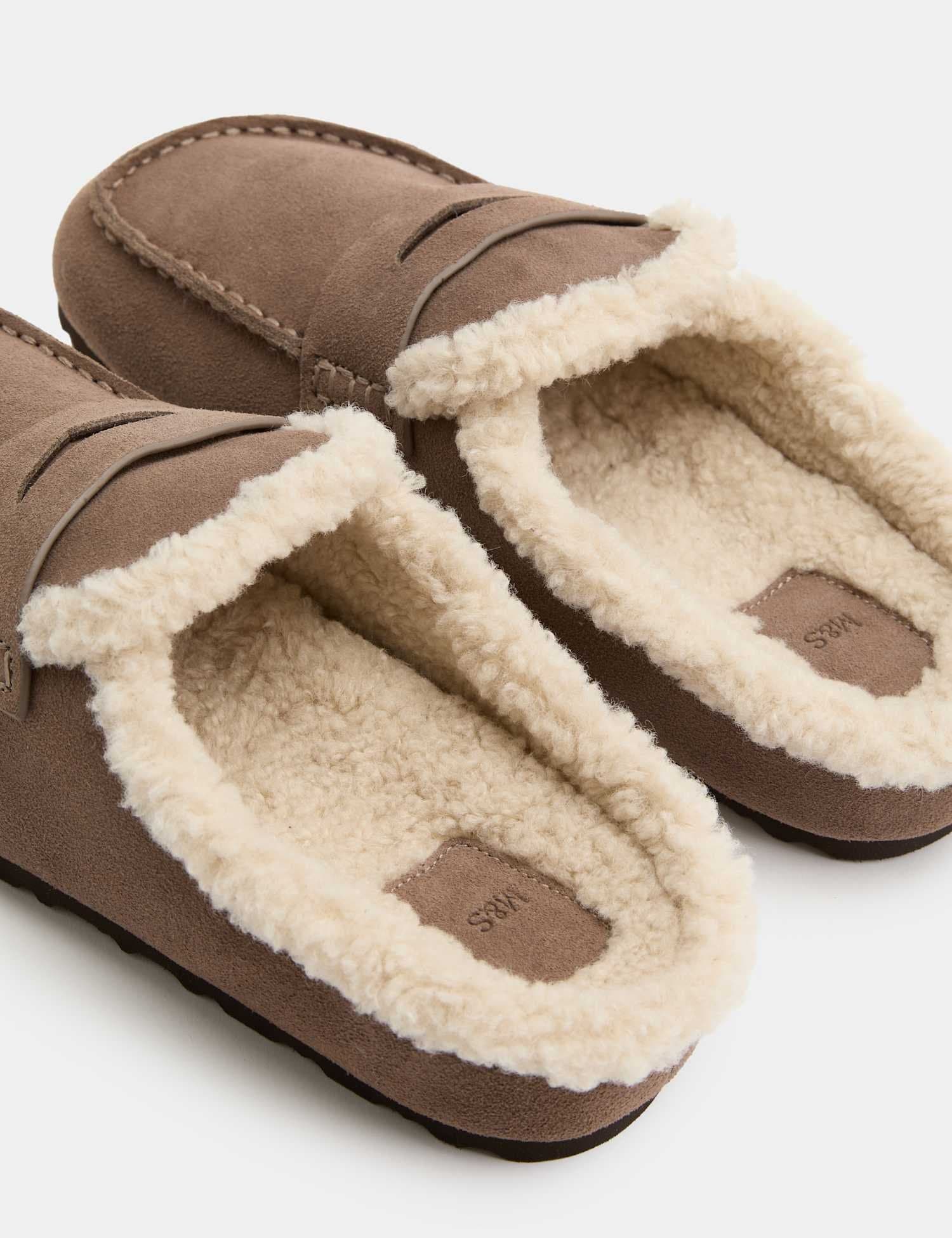 Marks & Spencer M&S Suede Faux Fur Lined Round Toe Mule Slippers Grey