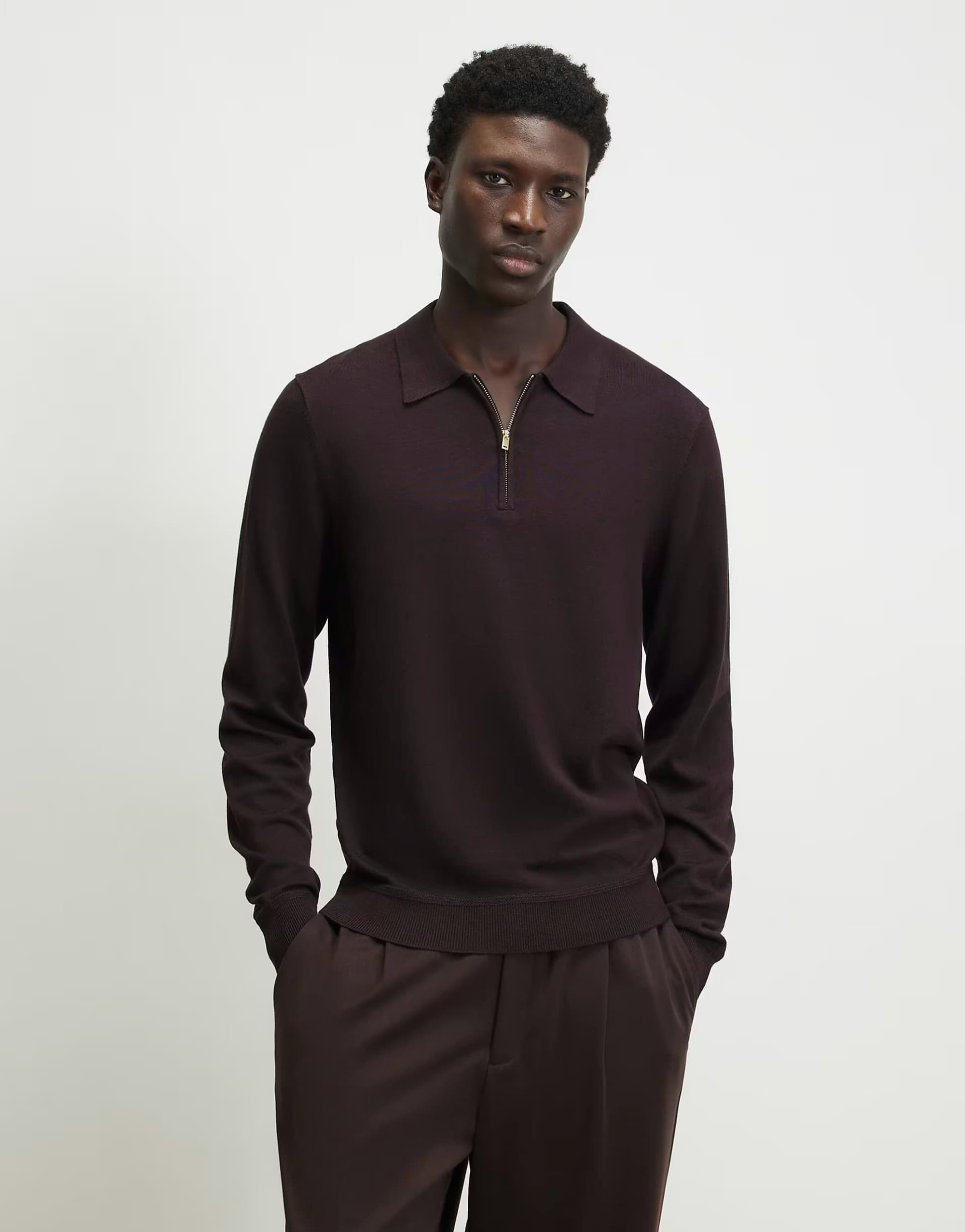 ASOS River Island Slim fit long sleeve polo shirt in burgundy