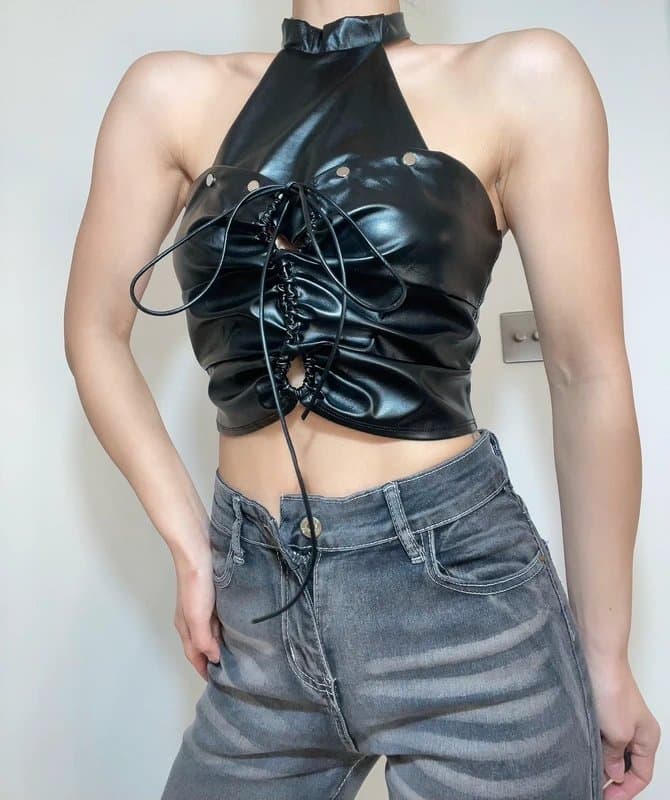 No Label Edgy Black Ruched Leather-Look Top Size 6-8!