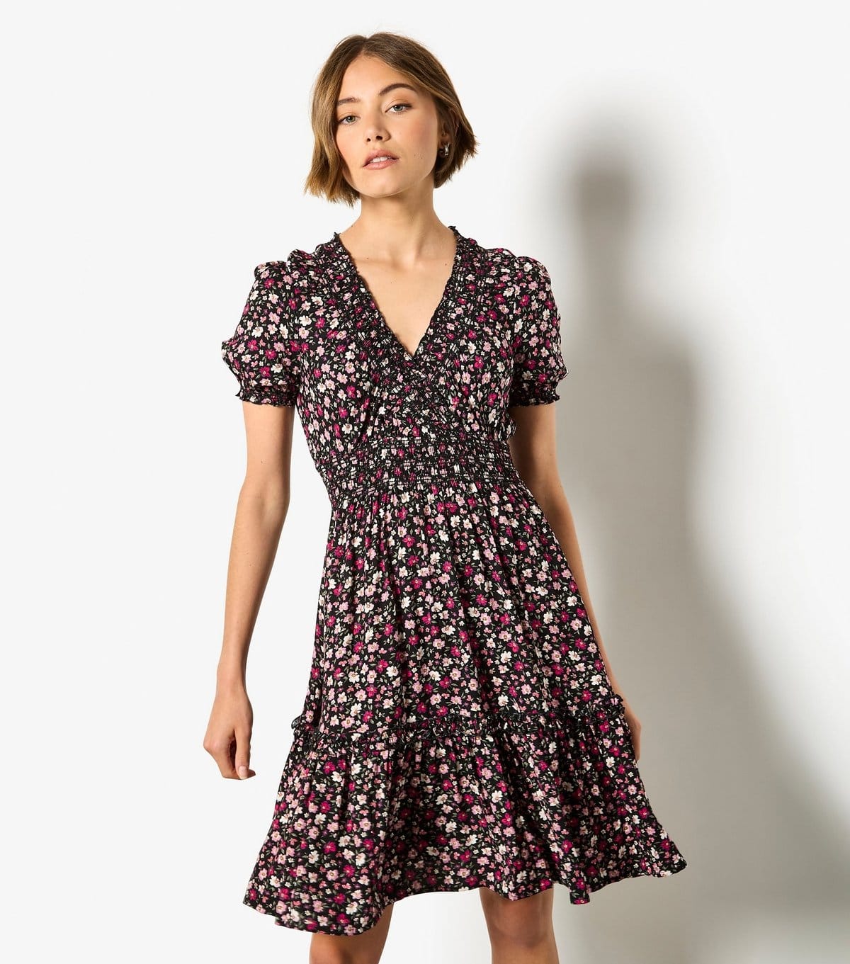 Apricot Pink Floral Print Tiered Mini Dress