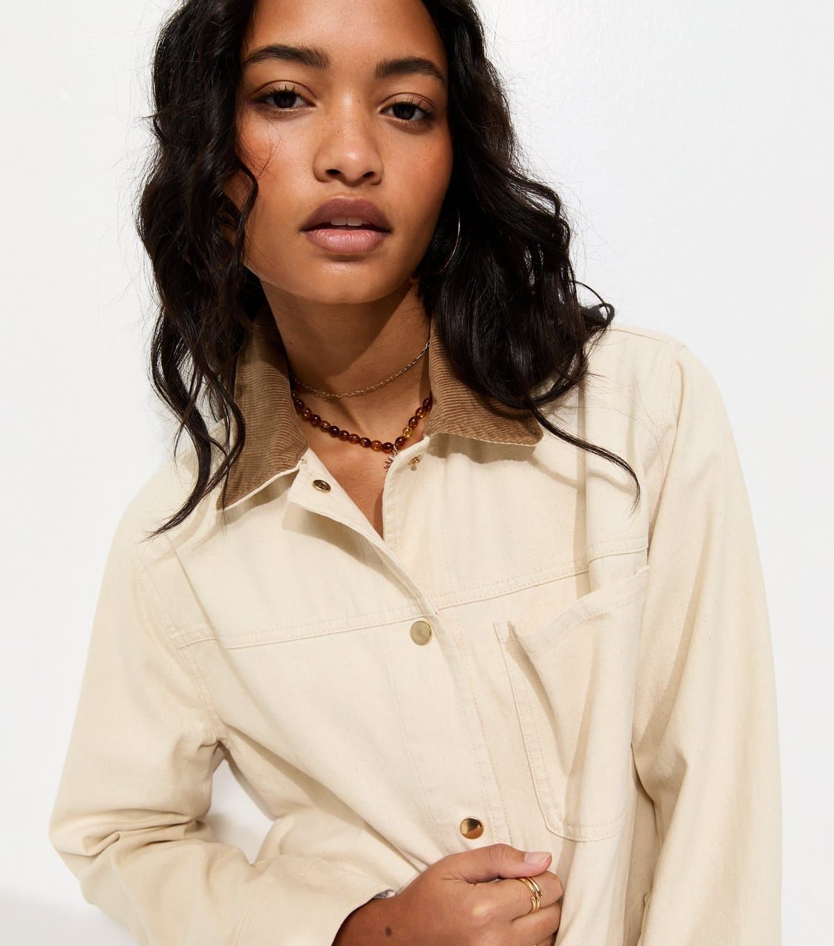 New Look Women's Off White Cotton Longline Corduroy Collar Jacket New Look