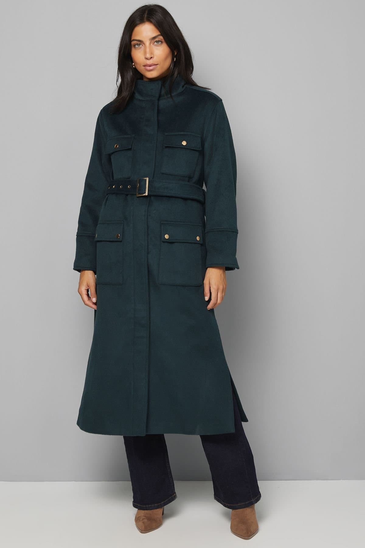 Wallis Wallis Women's Button Down Military Belted Collar Coat in Green