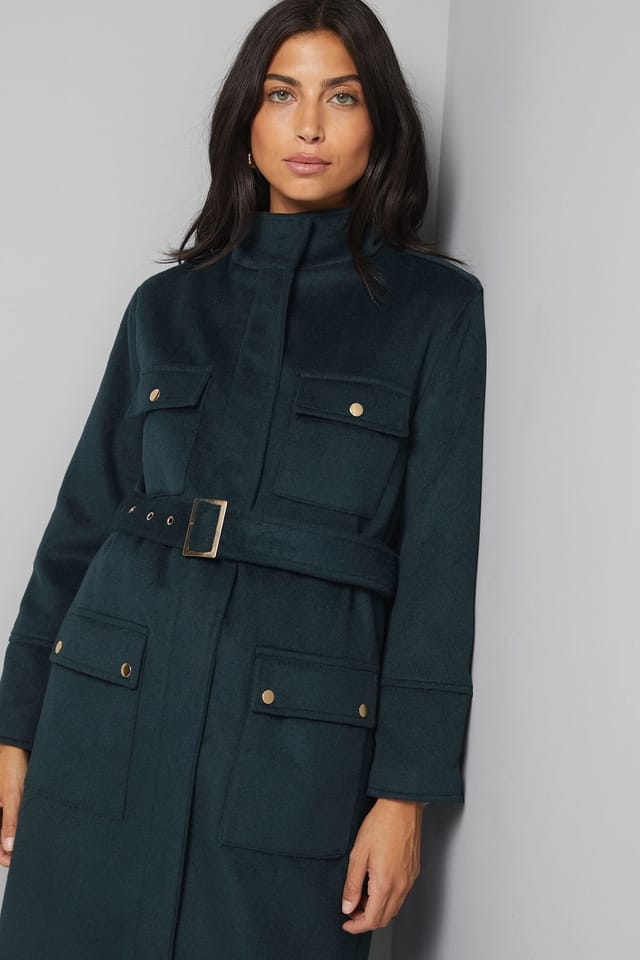 Wallis Wallis Women's Button Down Military Belted Collar Coat in Green - 2
