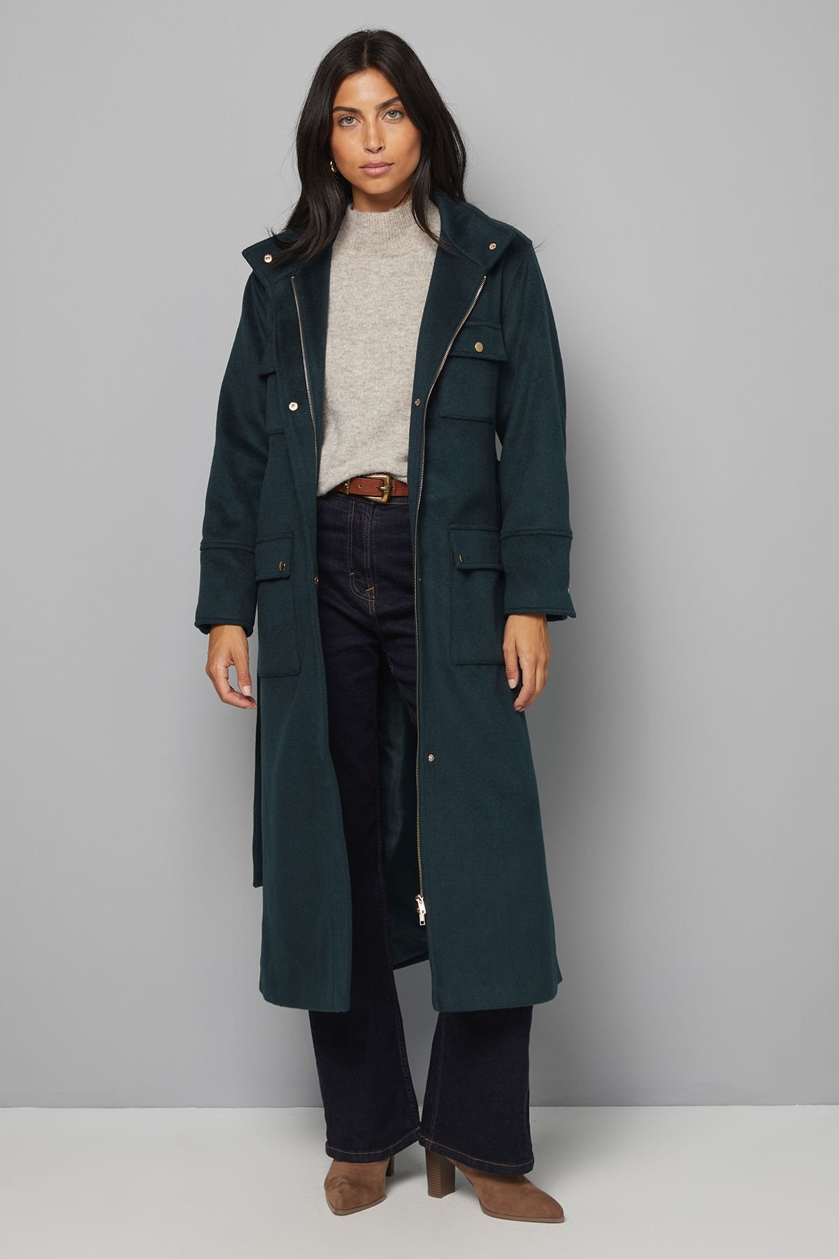 Wallis Wallis Women's Button Down Military Belted Collar Coat in Green - 4