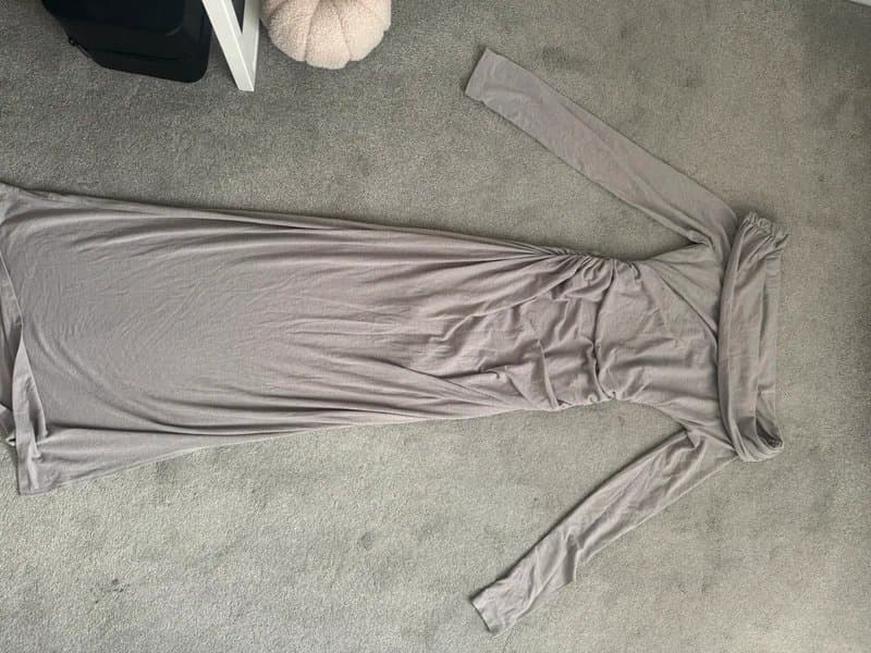 Bershka Grey/beige long ruched off the shoulder  maxi dress