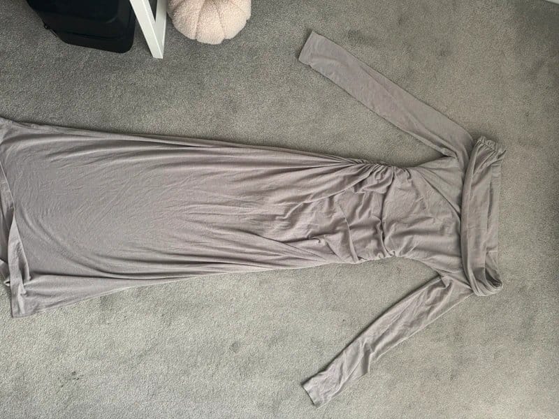 Bershka Grey/Beige Ruched Off-Shoulder Maxi Dress