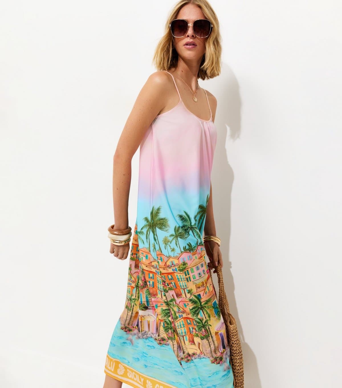 New Look Women's Pink Sicily Print Strapppy Midi Dress New Look