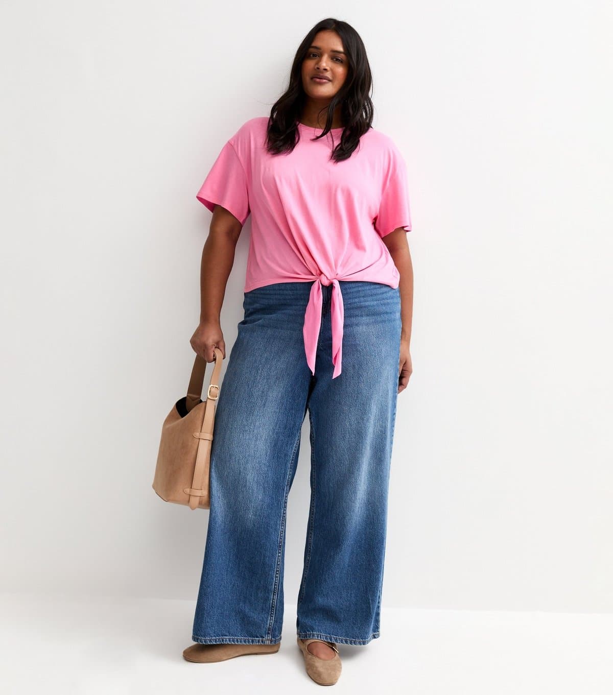 New Look Women's Plus Size Bright Pink Tie Front T-Shirt Curves New Look