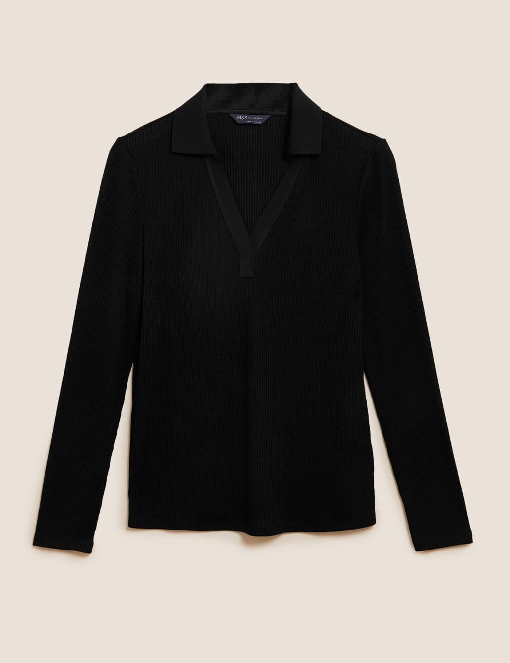 Marks & Spencer M&S Ribbed Collared Long Sleeve Top Black - 2