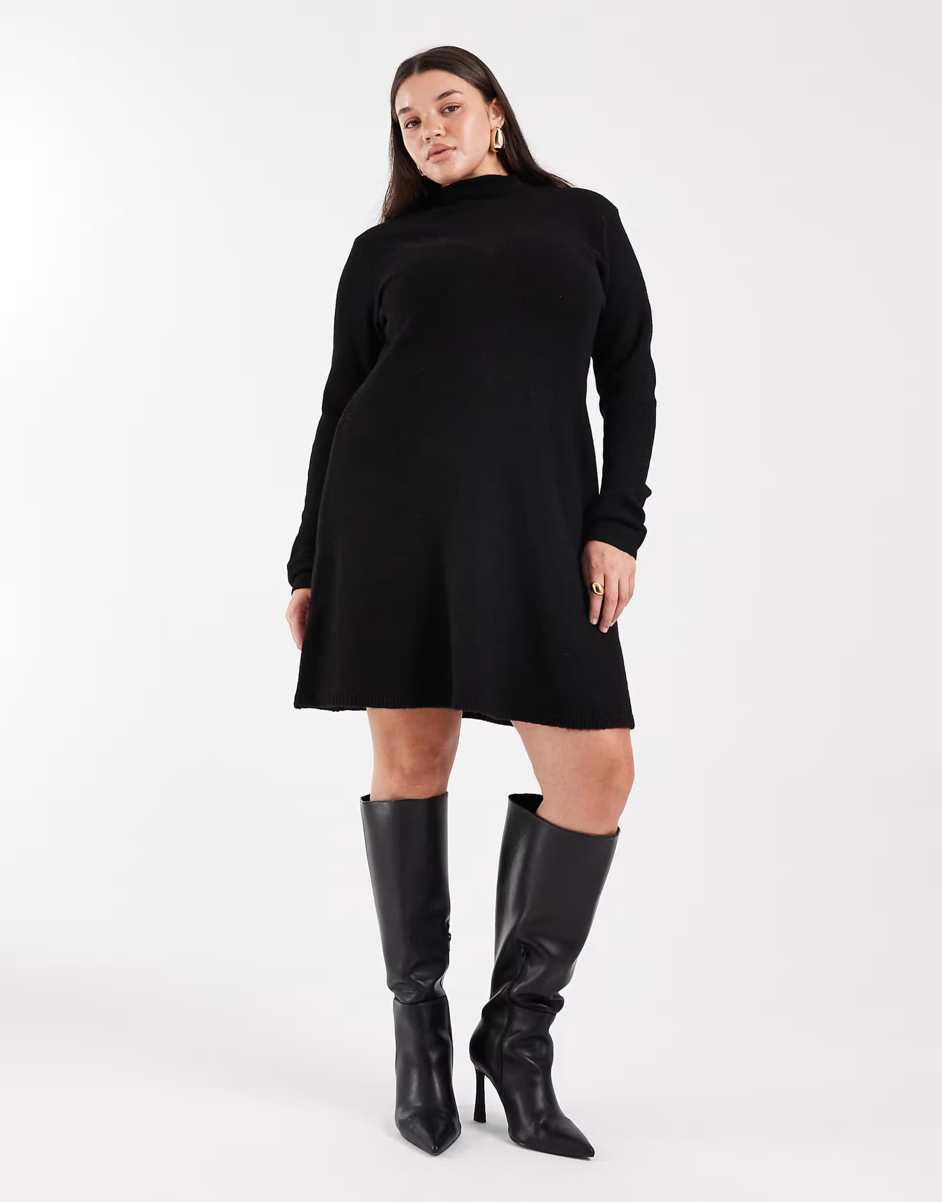 ASOS Pieces Curve long sleeve knitted mini dress in black
