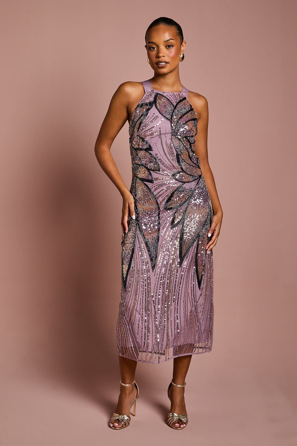 Coast Coast Women's Petite High Neck Beaded Column Midi Dress in Lilac