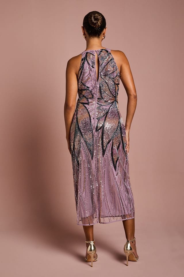 Coast Coast Women's Petite High Neck Beaded Column Midi Dress in Lilac - 3