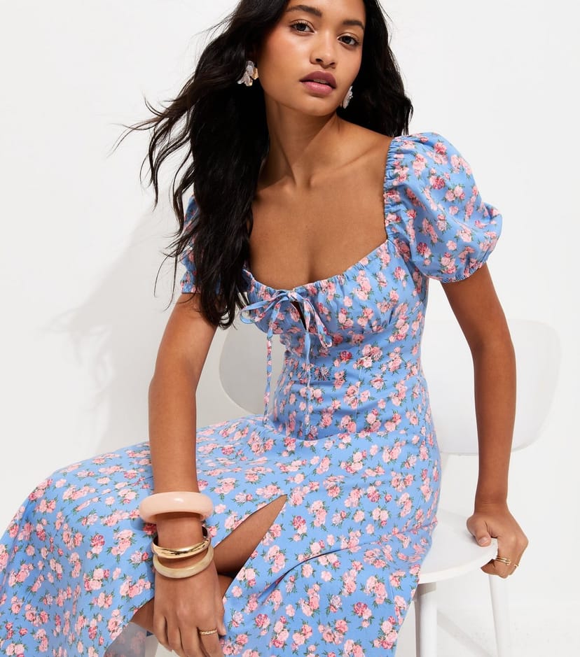New Look Women's Blue Rose Print Milkmaid Midi Dress New Look - 1
