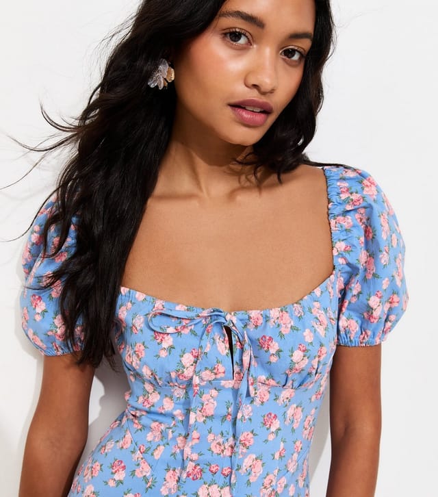 New Look Women's Blue Rose Print Milkmaid Midi Dress New Look - 2