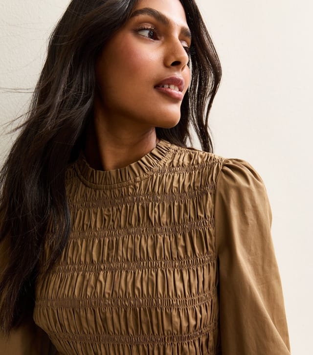 New Look Women's Light Brown Shirred Bodice Long Sleeve A-line Mini Dress New Look - 2