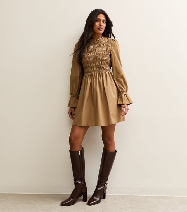 New Look Women's Light Brown Shirred Bodice Long Sleeve A-line Mini Dress New Look - 3