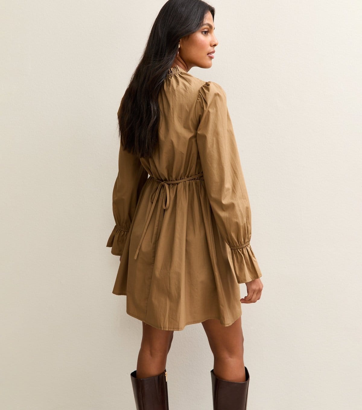 New Look Women's Light Brown Shirred Bodice Long Sleeve A-line Mini Dress New Look - 4