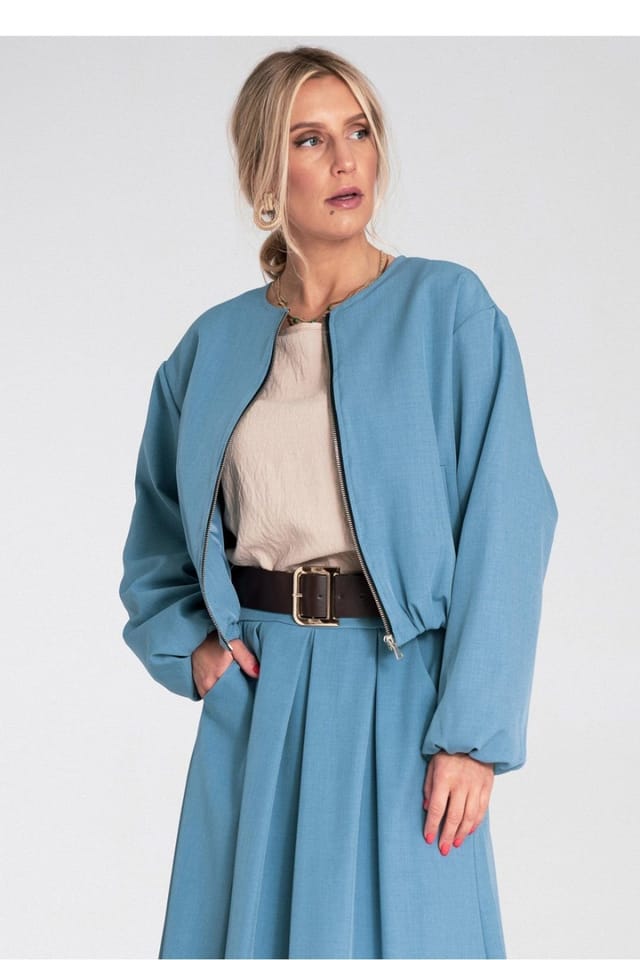 Love Lace Love Lace Women's Short Cut Zip Front Casual Round Neck Jacket in Blue - 2