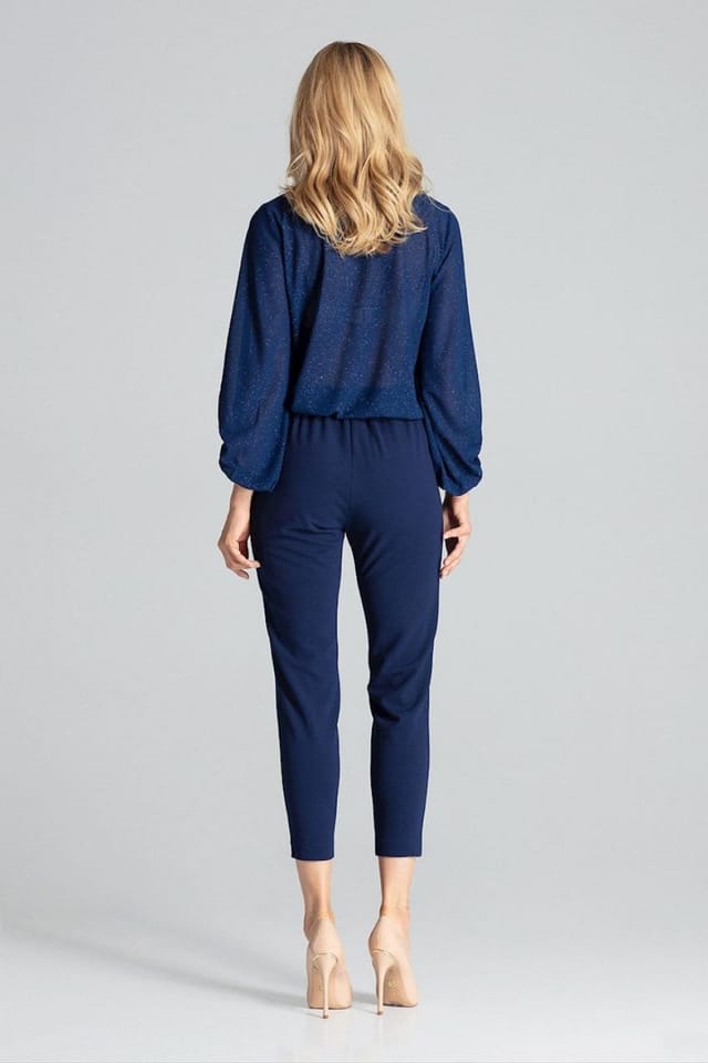 Love Lace Love Lace Women's Tapered Brocade Stripe Trousers Elastic Waist in Blue - 3