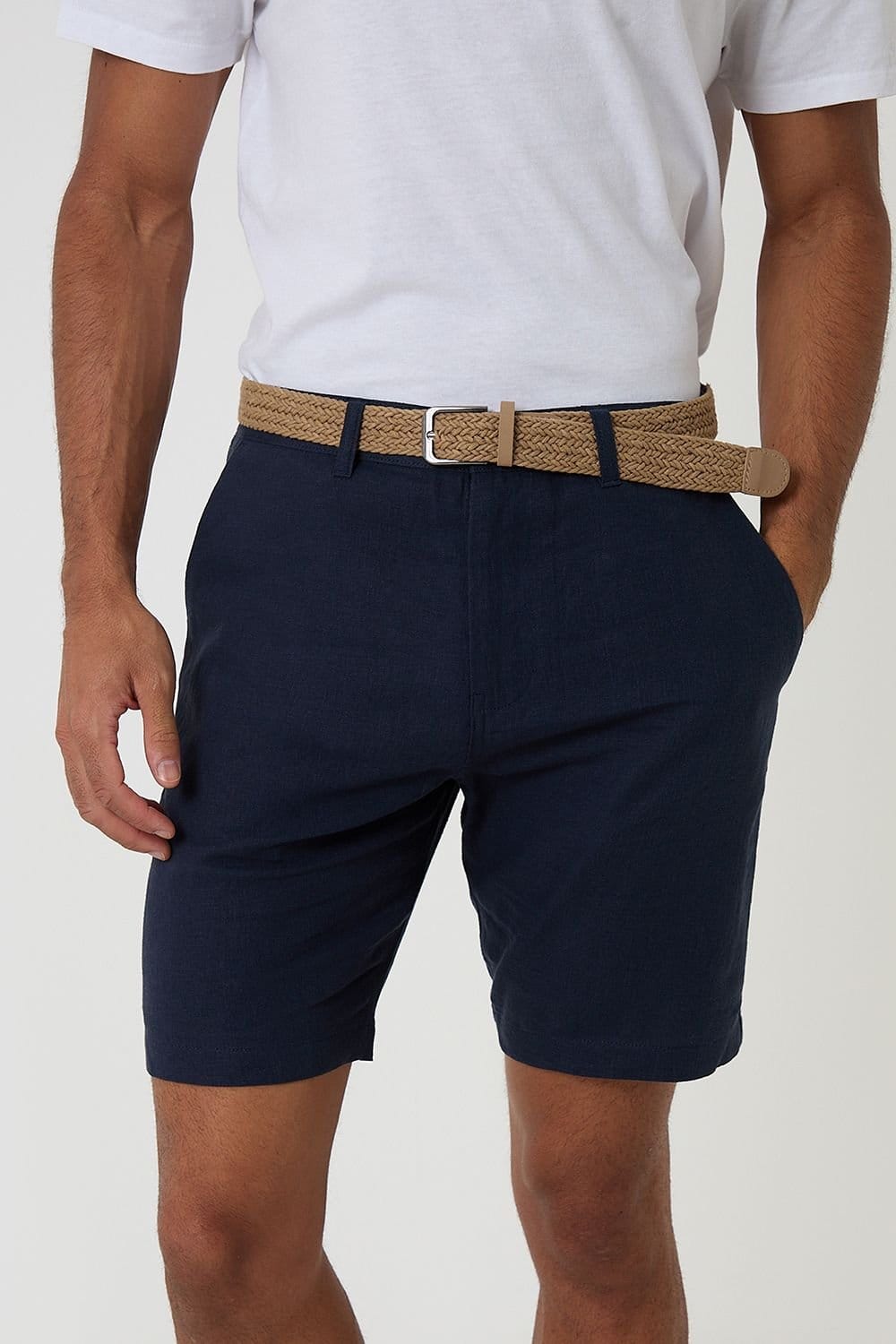 Threadbare Threadbare Men's Linen Blend Shorts with Belt in Navy - 4