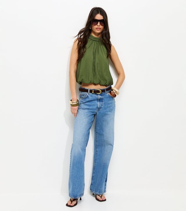 New Look Women's Khaki Bubble Hem Neck Tie Top New Look - 3