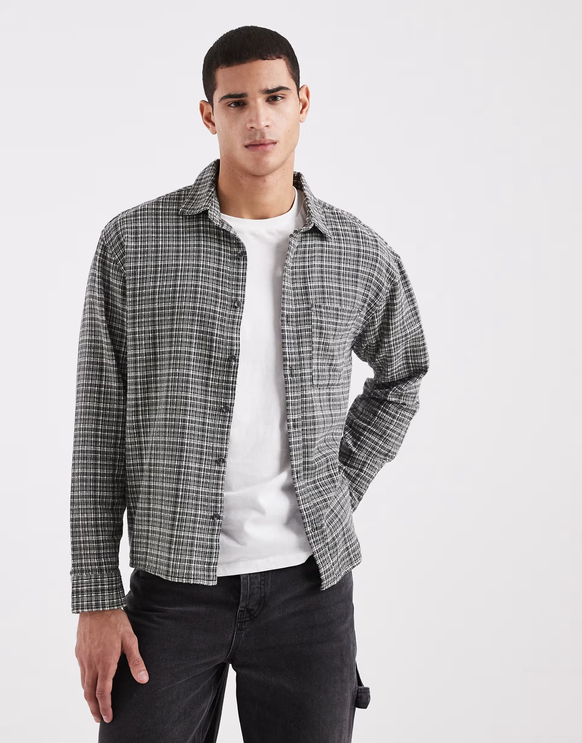 ASOS Cotton On long sleeve textured check shirt in black